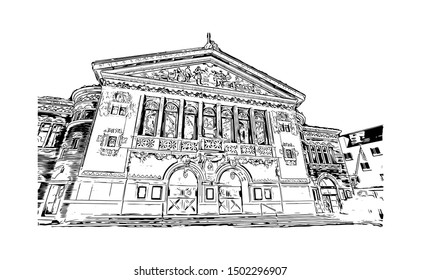 Building view with landmark of Aarhus is a city in Denmark on the Jutland peninsula’s east coast. Hand drawn sketch illustration in vector.