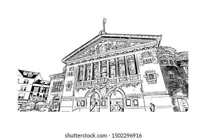 Building view with landmark of Aarhus is a city in Denmark on the Jutland peninsula’s east coast. Hand drawn sketch illustration in vector.