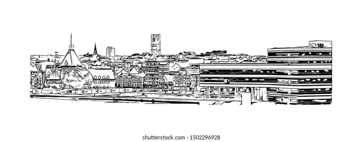 Building view with landmark of Aarhus is a city in Denmark on the Jutland peninsula’s east coast. Hand drawn sketch illustration in vector.