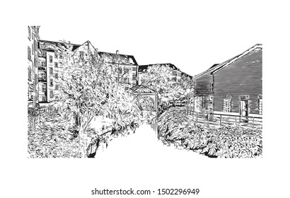 Building view with landmark of Aarhus is a city in Denmark on the Jutland peninsula’s east coast. Hand drawn sketch illustration in vector.