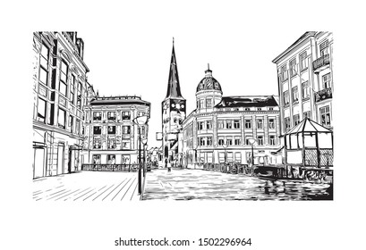 Building view with landmark of Aarhus is a city in Denmark on the Jutland peninsula’s east coast. Hand drawn sketch illustration in vector.