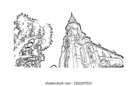 Building view with landmark of Aarhus is a city in Denmark on the Jutland peninsula’s east coast. Hand drawn sketch illustration in vector.