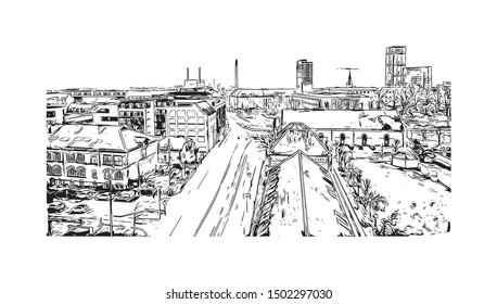 Building view with landmark of Aarhus is a city in Denmark on the Jutland peninsula’s east coast. Hand drawn sketch illustration in vector.