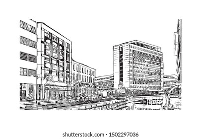Building view with landmark of Aarhus is a city in Denmark on the Jutland peninsula’s east coast. Hand drawn sketch illustration in vector.