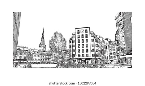 Building view with landmark of Aarhus is a city in Denmark on the Jutland peninsula’s east coast. Hand drawn sketch illustration in vector.