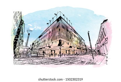 Building view with landmark of Aarhus is a city in Denmark on the Jutland peninsula’s east coast. Watercolor Hand drawn sketch illustration in vector.