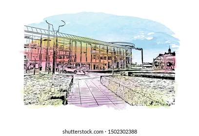 Building view with landmark of Aarhus is a city in Denmark on the Jutland peninsula’s east coast. Watercolor Hand drawn sketch illustration in vector.