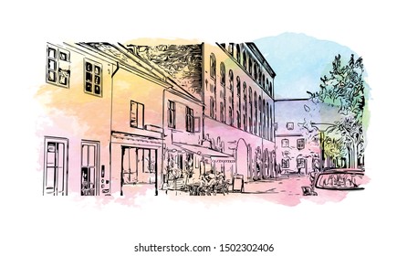Building view with landmark of Aarhus is a city in Denmark on the Jutland peninsula’s east coast. Watercolor Hand drawn sketch illustration in vector.