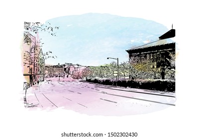 Building view with landmark of Aarhus is a city in Denmark on the Jutland peninsula’s east coast. Watercolor Hand drawn sketch illustration in vector.
