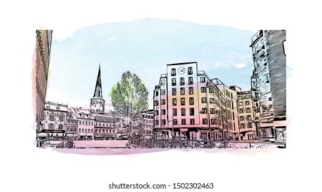 Building view with landmark of Aarhus is a city in Denmark on the Jutland peninsula’s east coast. Watercolor Hand drawn sketch illustration in vector.