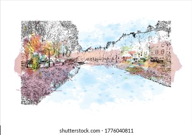 Building view with landmark of Aarhus is a city in Denmark on the Jutland peninsula’s east coast. Watercolor splash with hand drawn sketch illustration in vector.