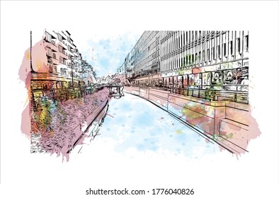 Building view with landmark of Aarhus is a city in Denmark on the Jutland peninsula’s east coast. Watercolor splash with hand drawn sketch illustration in vector.