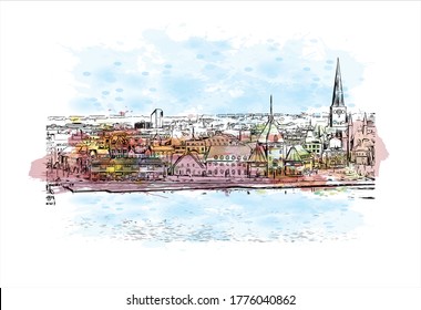 Building view with landmark of Aarhus is a city in Denmark on the Jutland peninsula’s east coast. Watercolor splash with hand drawn sketch illustration in vector.