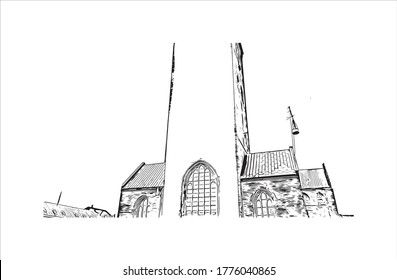 Building view with landmark of Aarhus is a city in Denmark on the Jutland peninsula’s east coast. Hand drawn sketch illustration in vector.