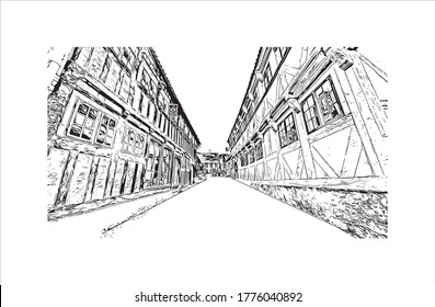 Construir vistas a Aarhus es una ciudad de Dinamarca en la costa este de la península de Jutland. Dibujo a mano de ilustración de esbozo en vector.