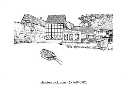 Construir vistas a Aarhus es una ciudad de Dinamarca en la costa este de la península de Jutland. Dibujo a mano de ilustración de esbozo en vector.