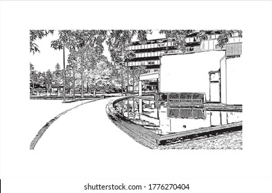 Building view with landmark of Abbotsford is a city located in British Columbia, adjacent to the Canada–United States border.Hand drawn sketch illustration in vector.