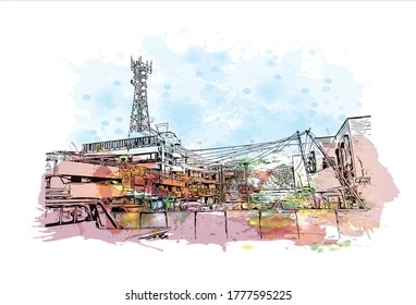 Building view with landmark of Abbottabad is the capital city of Abbottabad District in the Hazara region of eastern  Pakistan .Watercolor splash with hand drawn sketch illustration in vector.