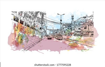Building view with landmark of Abbottabad is the capital city of Abbottabad District in the Hazara region of eastern  Pakistan .Watercolor splash with hand drawn sketch illustration in vector.