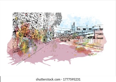 Building view with landmark of Abbottabad is the capital city of Abbottabad District in the Hazara region of eastern  Pakistan .Watercolor splash with hand drawn sketch illustration in vector.