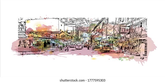 Building view with landmark of Abbottabad is the capital city of Abbottabad District in the Hazara region of eastern  Pakistan .Watercolor splash with hand drawn sketch illustration in vector.