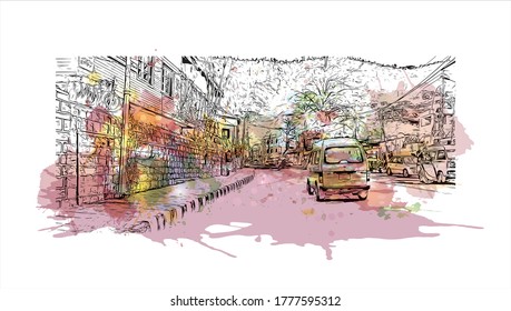 Building view with landmark of Abbottabad is the capital city of Abbottabad District in the Hazara region of eastern  Pakistan .Watercolor splash with hand drawn sketch illustration in vector.