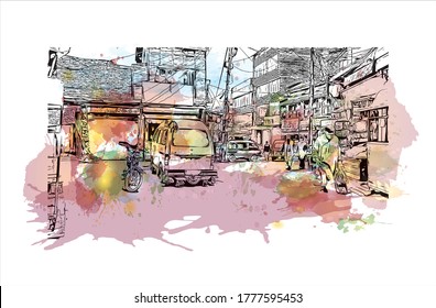 Building view with landmark of Abbottabad is the capital city of Abbottabad District in the Hazara region of eastern  Pakistan .Watercolor splash with hand drawn sketch illustration in vector.