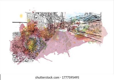 Building view with landmark of Abbottabad is the capital city of Abbottabad District in the Hazara region of eastern  Pakistan .Watercolor splash with hand drawn sketch illustration in vector.
