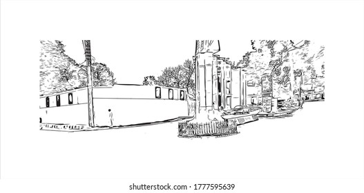 Building view with landmark of Abbottabad is the capital city of Abbottabad District in the Hazara region of eastern  Pakistan.Hand drawn sketch illustration in vector.