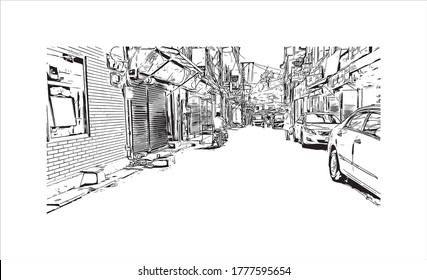 Building view with landmark of Abbottabad is the capital city of Abbottabad District in the Hazara region of eastern  Pakistan.Hand drawn sketch illustration in vector.