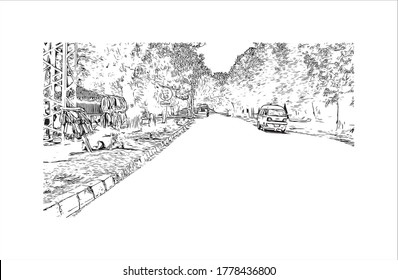 Building view with landmark of Abbottabad is the capital city of Abbottabad District of eastern Khyber Pakhtunkhwa, Pakistan Hand drawn sketch illustration in vector.