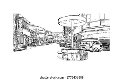 Building view with landmark of Abbottabad is the capital city of Abbottabad District of eastern Khyber Pakhtunkhwa, Pakistan Hand drawn sketch illustration in vector.