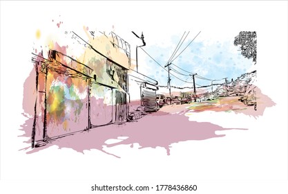 Building view with landmark of Abbottabad is the capital city of Abbottabad District of eastern Khyber Pakhtunkhwa, Pakistan .Watercolor splash with hand drawn sketch illustration in vector.