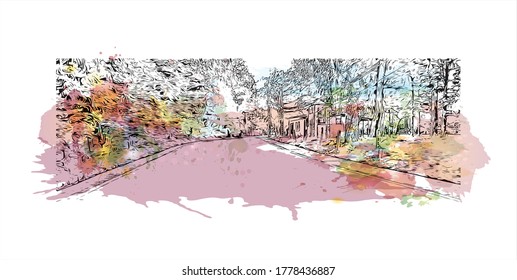 Building view with landmark of Abbottabad is the capital city of Abbottabad District of eastern Khyber Pakhtunkhwa, Pakistan .Watercolor splash with hand drawn sketch illustration in vector.