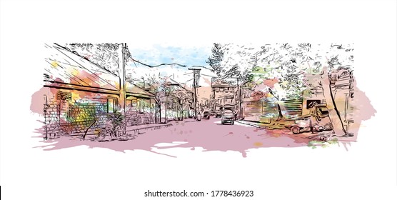 Building view with landmark of Abbottabad is the capital city of Abbottabad District of eastern Khyber Pakhtunkhwa, Pakistan Hand drawn sketch illustration in vector.