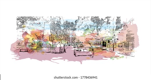 Building view with landmark of Abbottabad is the capital city of Abbottabad District of eastern Khyber Pakhtunkhwa, Pakistan .Watercolor splash with hand drawn sketch illustration in vector.
