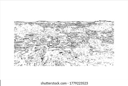 Building view with landmark of Abeokuta is the state capital of Ogun State in southwest Nigeria. Hand drawn sketch illustration in vector.