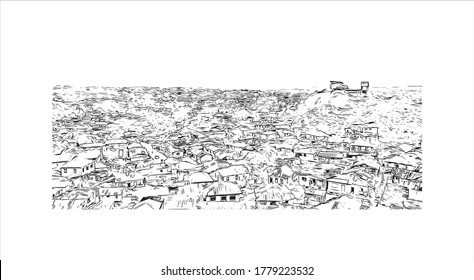 Die Bausicht mit Wahrzeichen von Abeokuta ist die Landeshauptstadt des Bundesstaates Ogun im Südwesten Nigerias. Handgezeichnete Skizzengrafik in Vektorgrafik.