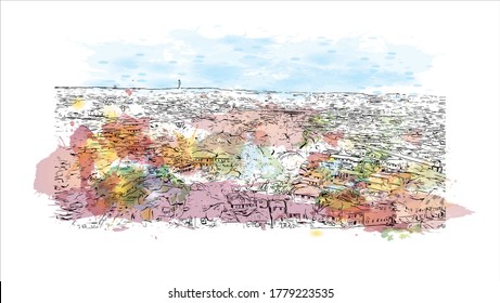 Building view with landmark of Abeokuta is the state capital of Ogun State in southwest Nigeria. Watercolor splash with hand drawn sketch illustration in vector.