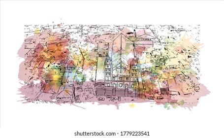 Building view with landmark of Abeokuta is the state capital of Ogun State in southwest Nigeria. Watercolor splash with hand drawn sketch illustration in vector.