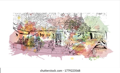Building view with landmark of Abeokuta is the state capital of Ogun State in southwest Nigeria. Watercolor splash with hand drawn sketch illustration in vector.
