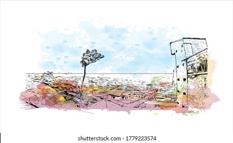 Die Bausicht mit Wahrzeichen von Abeokuta ist die Landeshauptstadt des Bundesstaates Ogun im Südwesten Nigerias. Aquarellspritzer mit handgezeichneter Skizzengrafik in Vektorgrafik.