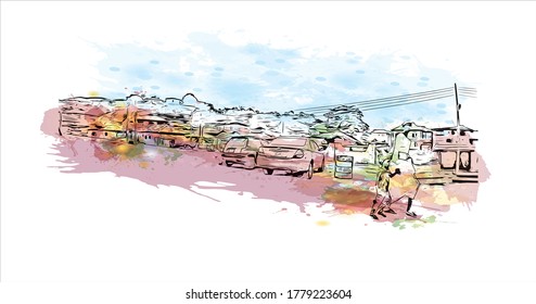 Construir vistas con un punto de referencia de Abeokuta es la capital del estado de Ogun en el suroeste de Nigeria. Salto de color de agua con ilustración de esbozo dibujada a mano en vector.