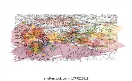 Building view with landmark of Abeokuta is the state capital of Ogun State in southwest Nigeria. Watercolor splash with hand drawn sketch illustration in vector.