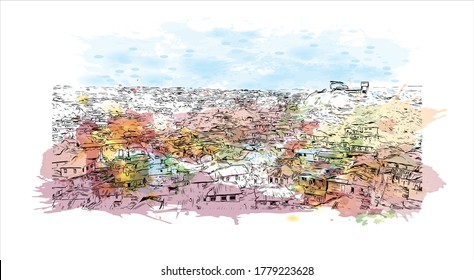 Building view with landmark of Abeokuta is the state capital of Ogun State in southwest Nigeria. Watercolor splash with hand drawn sketch illustration in vector.