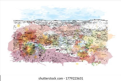 Construir vistas con un punto de referencia de Abeokuta es la capital del estado de Ogun en el suroeste de Nigeria. Salto de color de agua con ilustración de esbozo dibujada a mano en vector.
