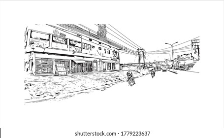 Construir vistas con un punto de referencia de Abeokuta es la capital del estado de Ogun en el suroeste de Nigeria. Dibujo a mano de ilustración de esbozo en vector.