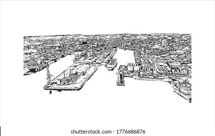 Building view with landmark of Aberdeen is a port city in northeast Scotland, where the Dee and Don rivers meet the North Sea.Hand drawn sketch illustration in vector.