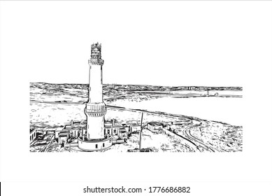 Building view with landmark of Aberdeen is a port city in northeast Scotland, where the Dee and Don rivers meet the North Sea.Hand drawn sketch illustration in vector.