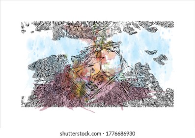 Building view with landmark of Aberdeen is a port city in northeast Scotland, where the Dee and Don rivers meet the North Sea. Watercolor splash with hand drawn sketch illustration in vector.